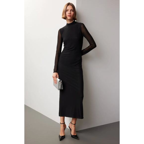 Saunders Dresses & Skirts - Saunders Mesh Midi Dress Ditzy Floral Red Ruched Sheath Slit Size 10